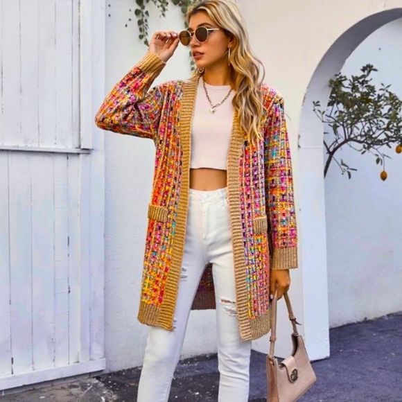 NWT! GORGEOUS BOUTIQUE MULTICOLOR OPEN FRONT PATCH POCKET CARDIGAN-SIZE LARGE - Picture 8 of 10